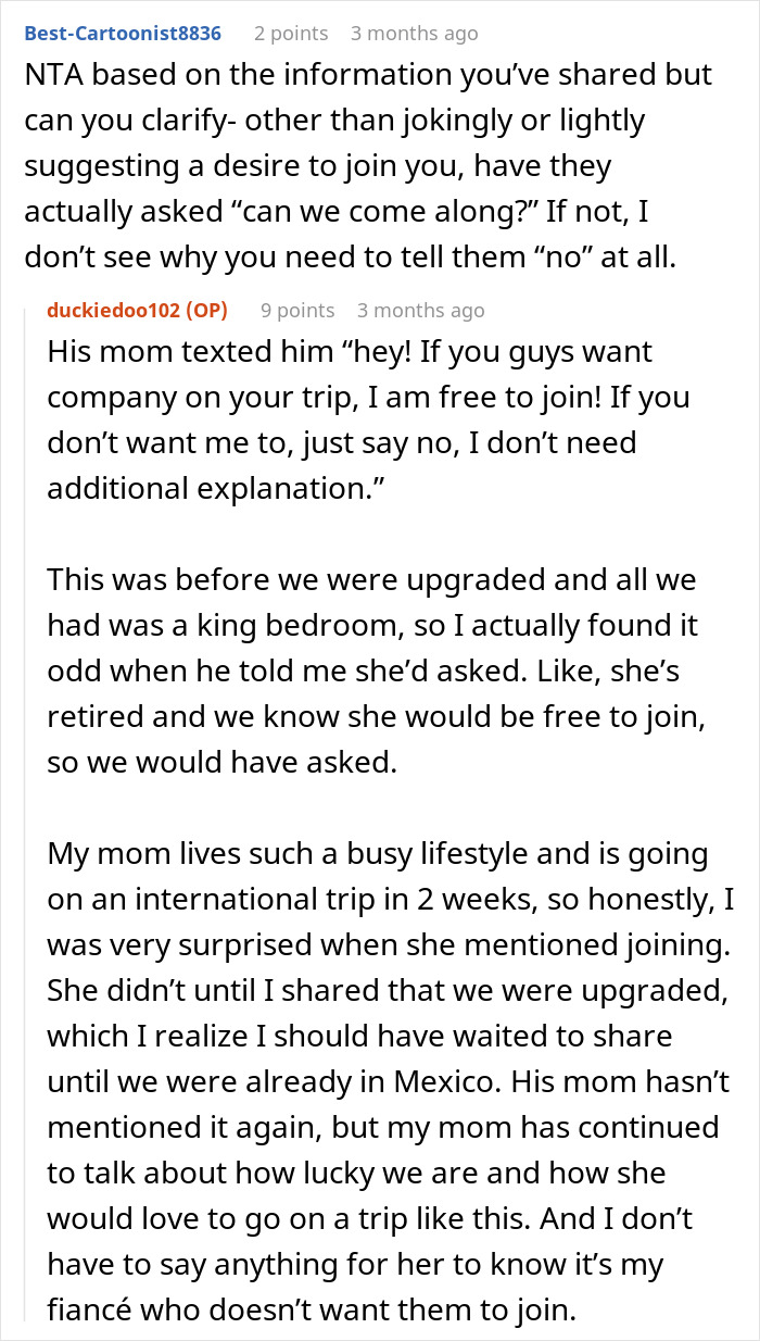 Reddit conversation about a couple&rsquo;s stress-free trip before wedding and moms wanting to join and discuss guest lists.