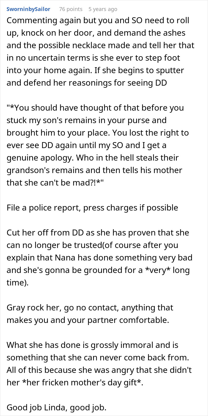 Comment discussing family drama after entitled grandma steals grandson&rsquo;s ashes and dismisses the situation.