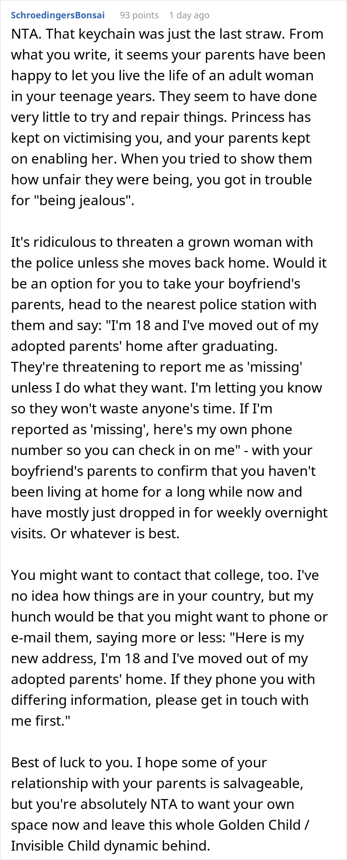 Comment explaining how parents play favorites and react when adopted daughter moves out after graduation.