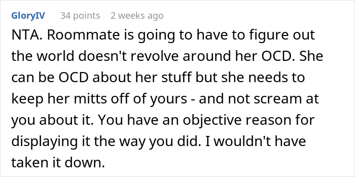 Screenshot of a forum comment discussing a roommate&rsquo;s Jewish traditions triggering her OCD and the resulting conflict.