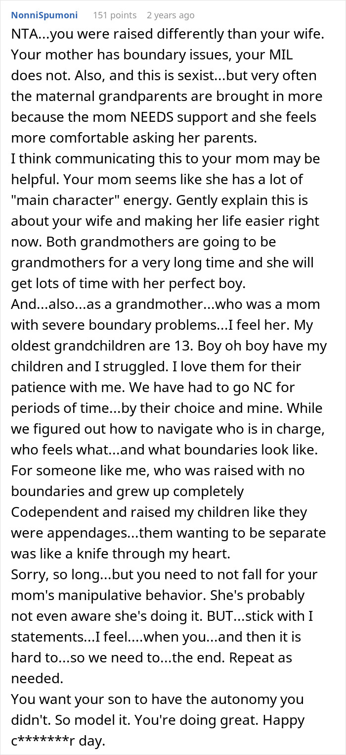 Comment discussing mom being overprotective and son allowing in-laws to help with baby while setting boundaries.
