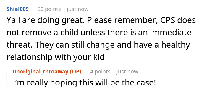 Comments discussing CPS involvement in co-parenting disputes and concerns about child safety and relationships.