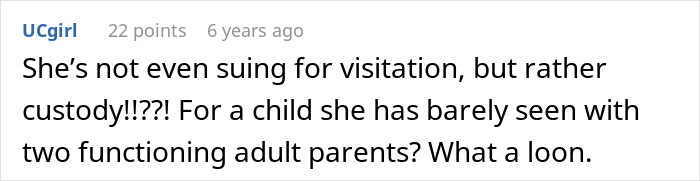 Comment expressing disbelief at a mother-in-law suing for custody despite limited involvement with the child.