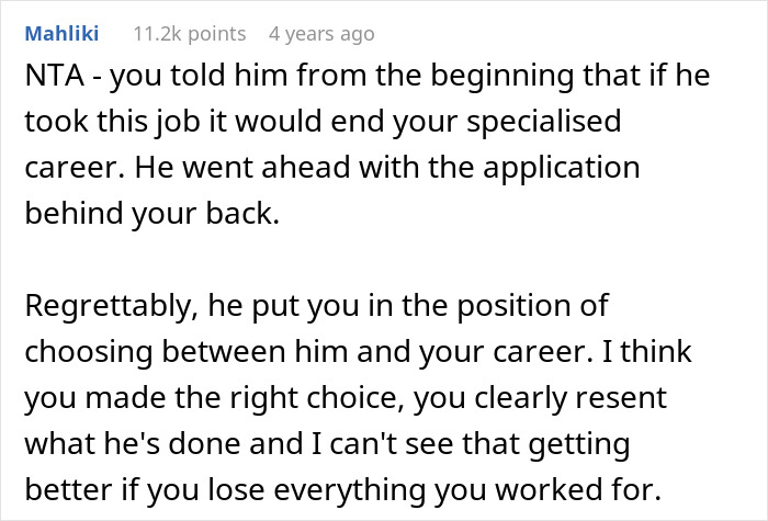 Comment discussing asking husband to turn down dream job career to protect specialized career and relationship balance. - 23