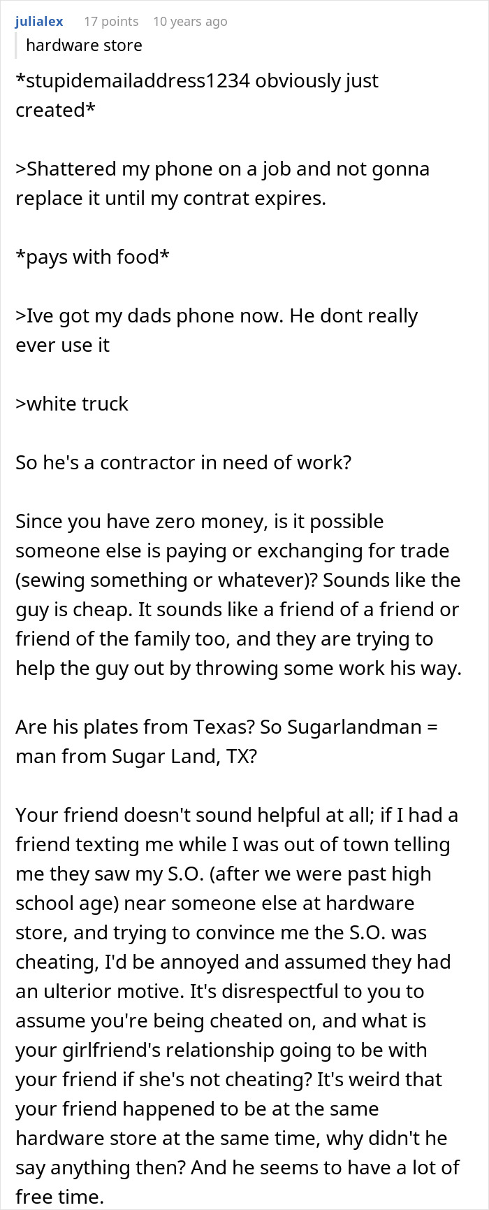 Text conversation showing someone questioning a best friend who saw girlfriend with another man and checking email.