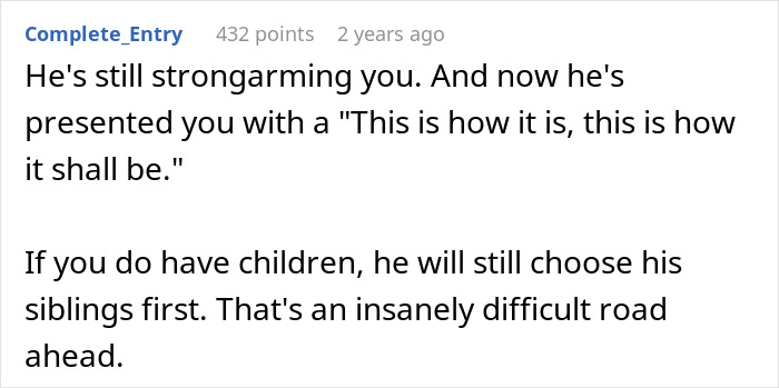 Comment discussing husband's sudden decision to move in disabled siblings and its impact on wife's feelings about marriage.