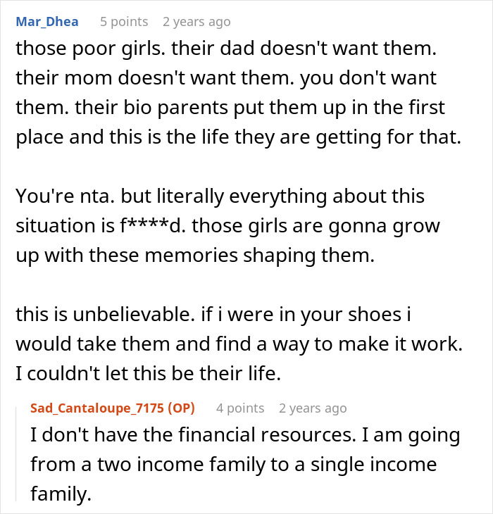 Reddit comments discussing a mom of six trying to dump two adopted kids on her ex during divorce and CPS involvement.