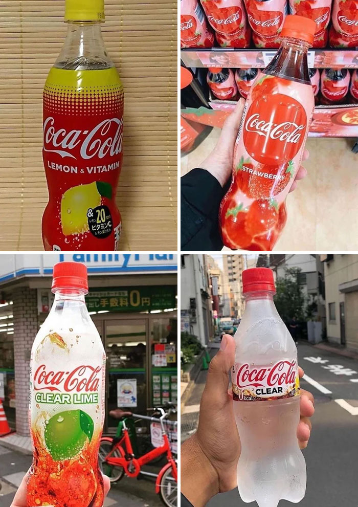 Four unique Coca-Cola flavors including lemon vitamin, strawberry, clear lime, and clear variant shown in various urban settings.