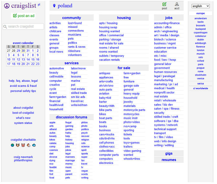 Craigslist homepage showing categorized listings for Poland including community, housing, jobs, and services sections.