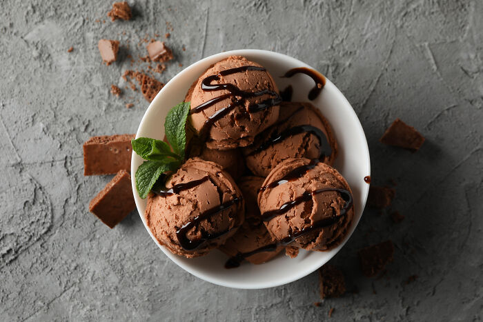 Bowl of chocolate ice cream scoops drizzled with chocolate syrup and garnished with a sprig of fresh mint.