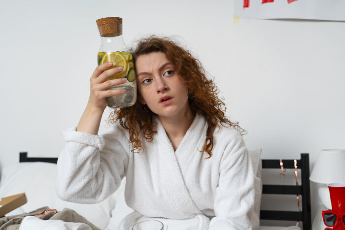 Young woman in a white robe holding a jar of lemon water to her head, illustrating weird first responder calls concept