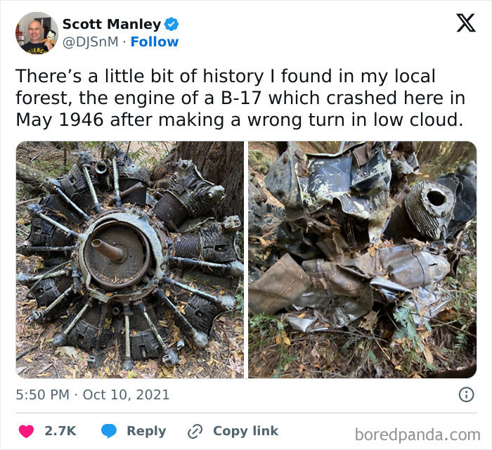 Rusty engine parts of a crashed B-17 plane found in a forest, one of the creepy and terrifying things discovered there.