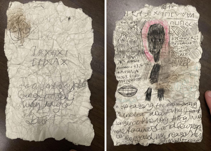 Two torn, hand-drawn cryptic notes with symbols and a shadowy figure found as creepy and terrifying forest discoveries.