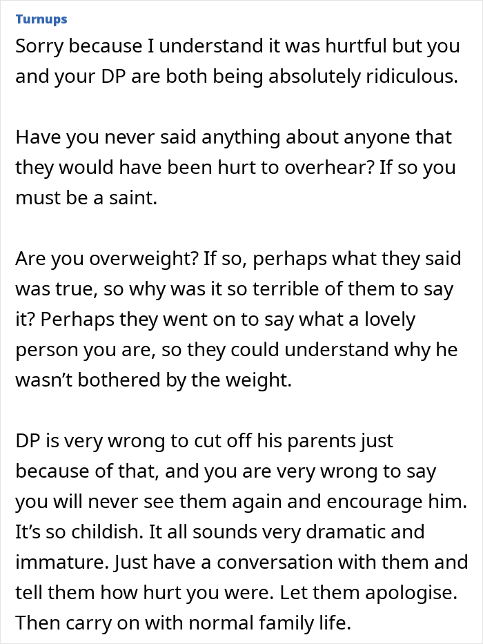 Woman shocked after overhearing boyfriend&rsquo;s parents talking about her, feeling hurt and not wanting to see them again.