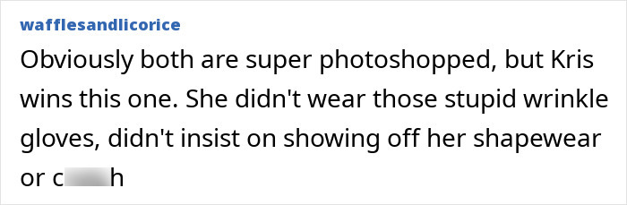 Comment text discussing Kris Jenner's photoshopped image and appearance after alleged facelift with skeleton Barbie leg reference.