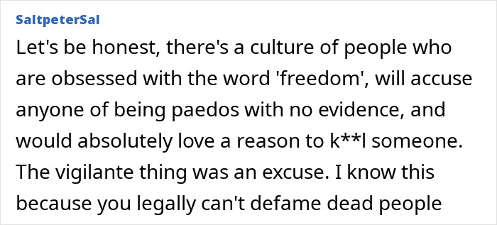 Comment discussing culture of false accusations and vigilante acts related to punishing an innocent dad wrongly accused of assault. - 28