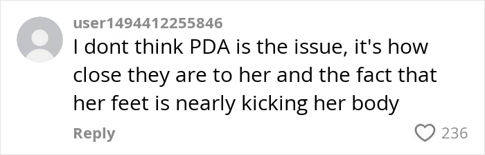 Comment discussing passenger fumes over disrespectful PDA act on plane, highlighting personal space concerns and seating proximity.