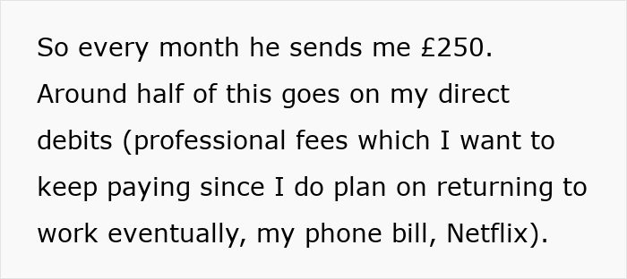 Text excerpt showing a mom facing money issues while her husband advises her to budget monthly expenses including bills and subscriptions. Text excerpt showing a mom facing money issues while her husband advises her to budget monthly expenses including bills and subscriptions.