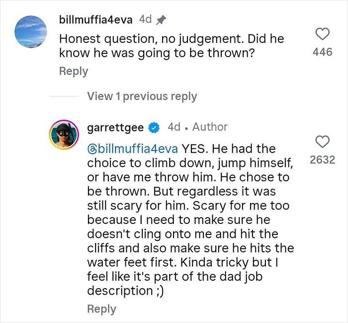 Comment exchange about dad throwing son off cliff to face fears, discussing safety and choice in daring parenting moment. - 3