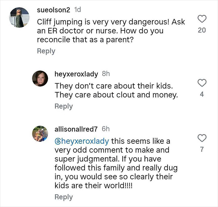 Comments discussing dangers of cliff jumping and parenting criticism related to dad throwing son off cliff to face fears. - 7
