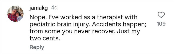 Screenshot of a social media comment discussing risks and brain injury related to a dad throwing 7-year-old son off cliff. - 5