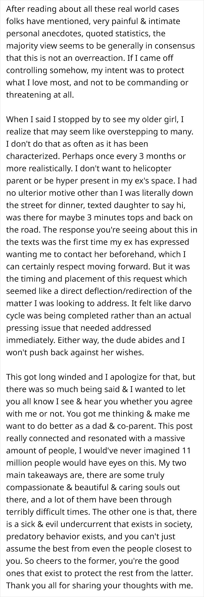 Text excerpt discussing an 8-year-old spending the night at mom's boyfriend's house and father's strong reaction.