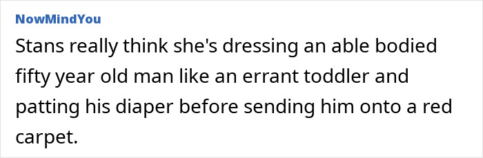 Screenshot of a social media comment criticizing Pedro Pascal's stylist for her controversial Twitter rants at fans.