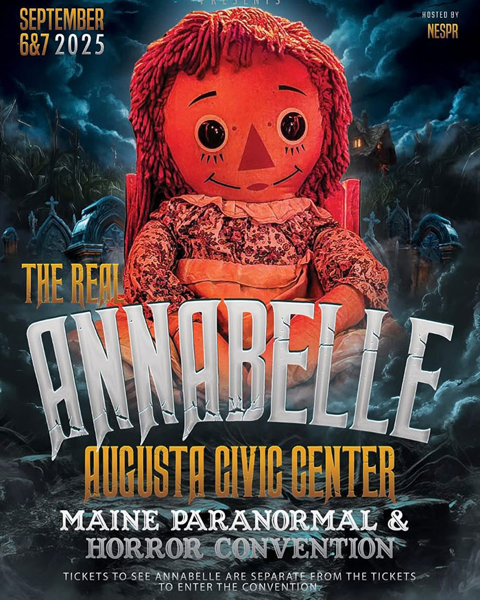Annabelle doll at Maine paranormal and horror convention poster promoting Augusta Civic Center event September 2025.
