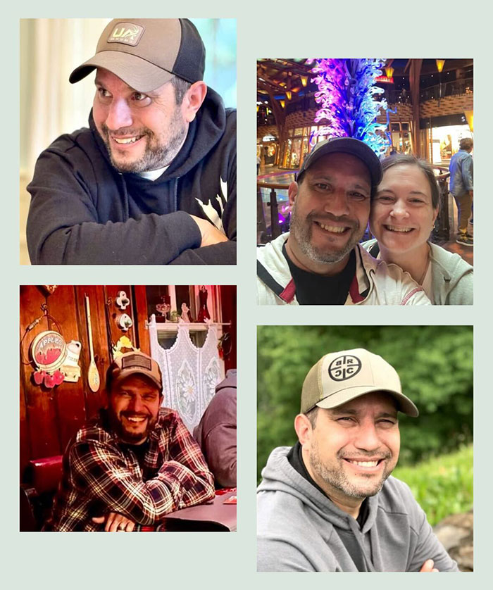 Collage of a paranormal investigator smiling in various casual settings during a tour with the possessed Annabelle doll.