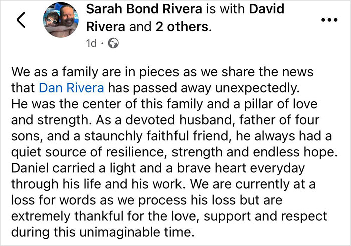 Alt text: Social media post announcing paranormal investigator Dan Rivera's sudden passing during tour with possessed Annabelle doll