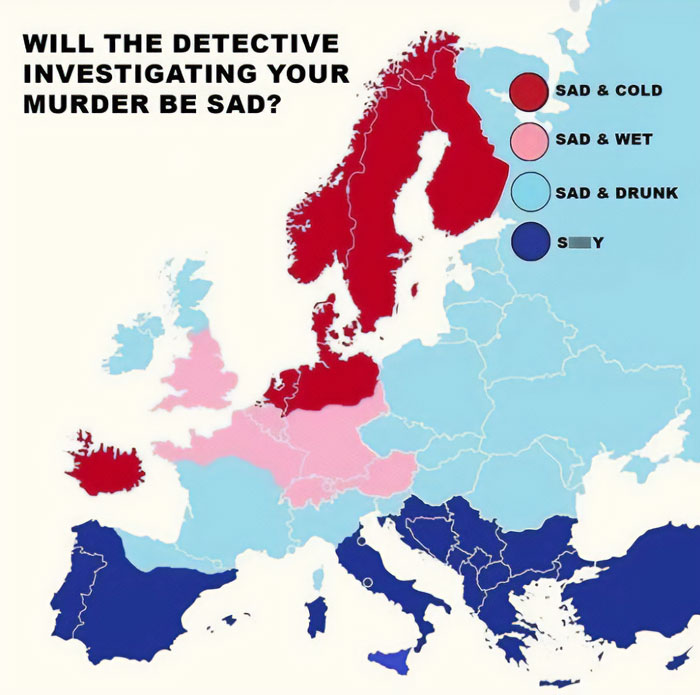 Map infographic showing European countries colored by detectives' emotions investigating murders, using data from interesting infographics.