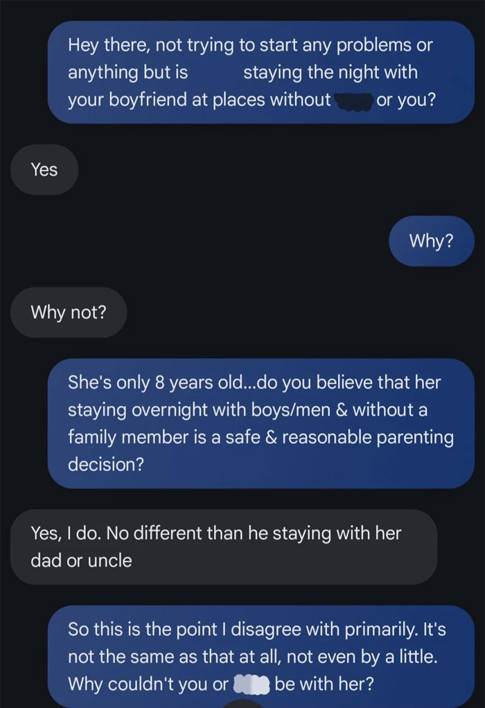 Text message exchange about an 8-year-old spending the night at mom's boyfriend's house without family or female present.