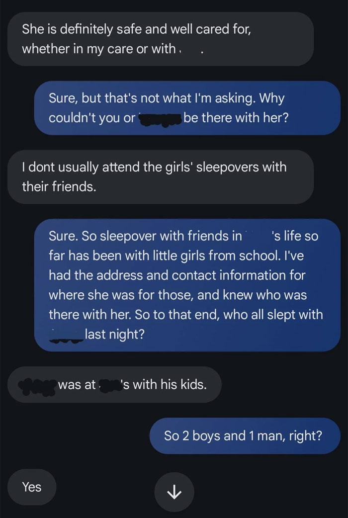 Text message conversation about an 8-year-old's sleepover at mom's boyfriend's house causing a dad to worry.