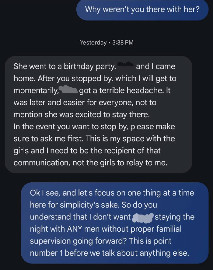 Text message conversation discussing concerns about an 8-year-old spending the night without family or female supervision.