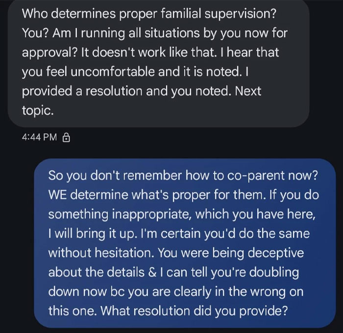 Text message exchange between co-parents debating proper familial supervision and concerns about spending the night at mom's boyfriend's house.