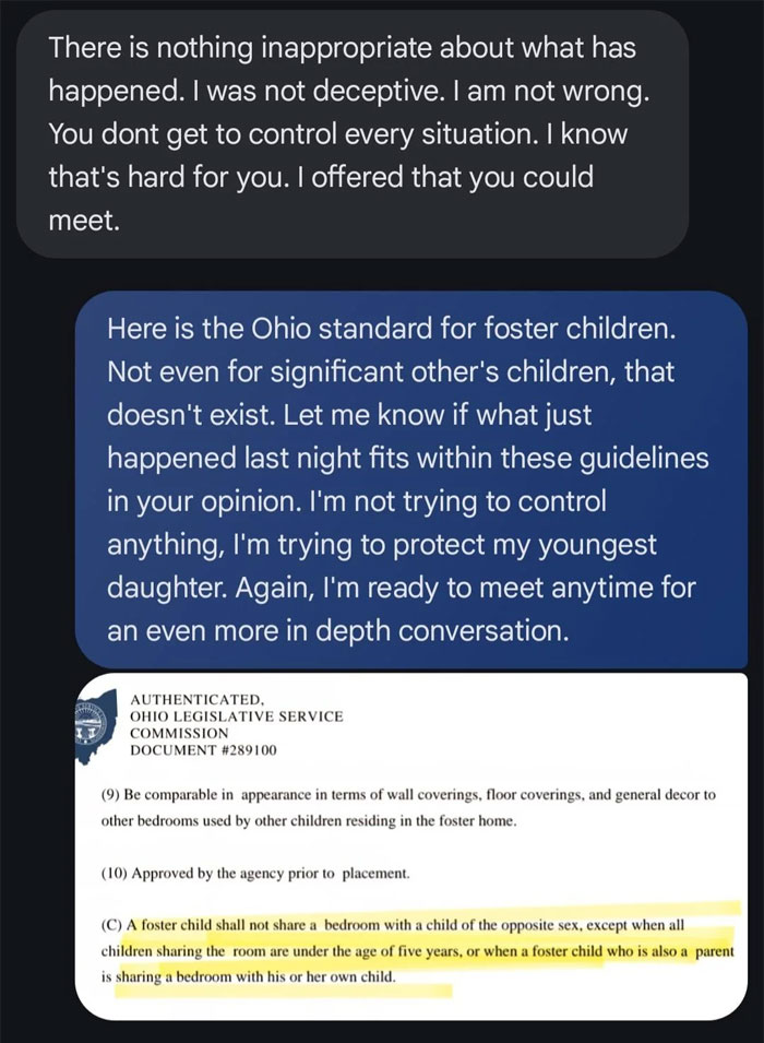 Text message exchange about Ohio foster care standards and concerns over 8-year-old spending the night at mom's boyfriend's house.