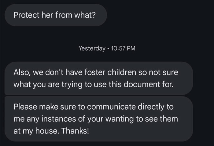 Text message conversation about concerns over 8-year-old staying at mom's boyfriend's house and family communication issues.