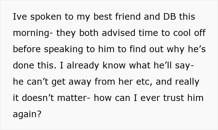 ALT text: Woman discovers husband texted his mother expressing distrust and questioning how to ever trust him again