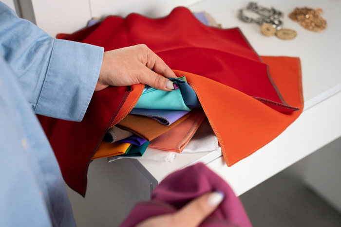 Woman holding and examining colorful fabric swatches on a table, focusing on $25 per yard fabric sample. - 5