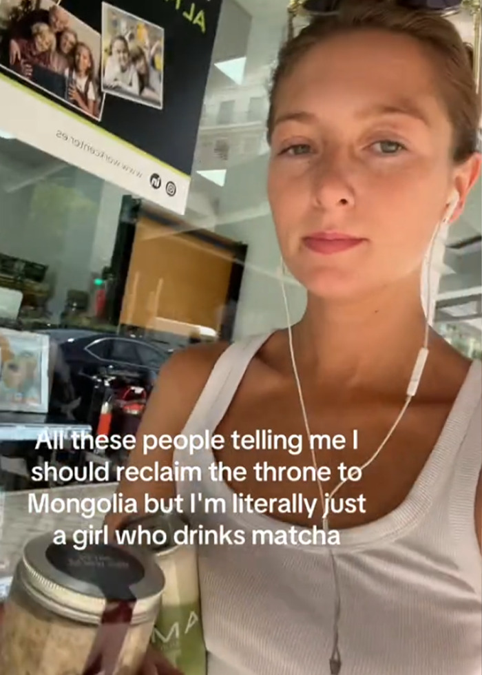 29YO student casually revealing her connection as descendant of the last king of Mongolia while drinking matcha in a casual setting