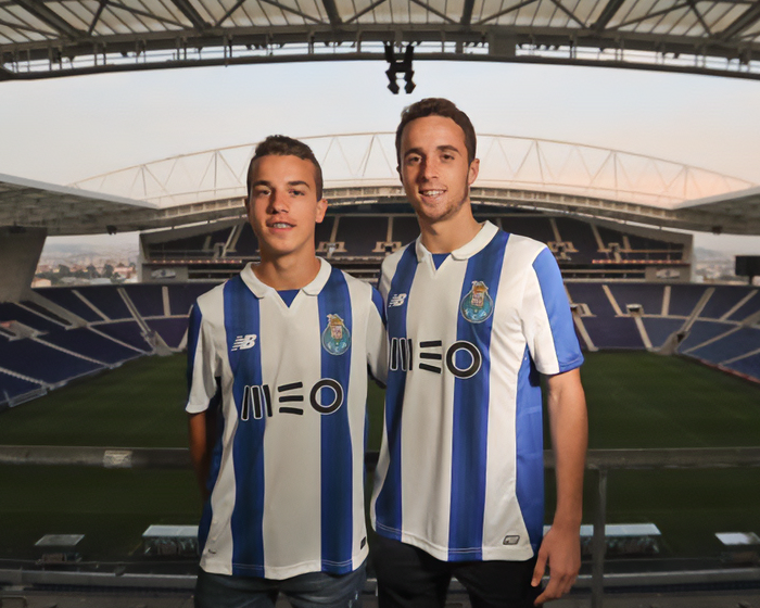Two young men in blue and white FC Porto jerseys standing inside an empty stadium, symbolizing reminder of life's fragility.