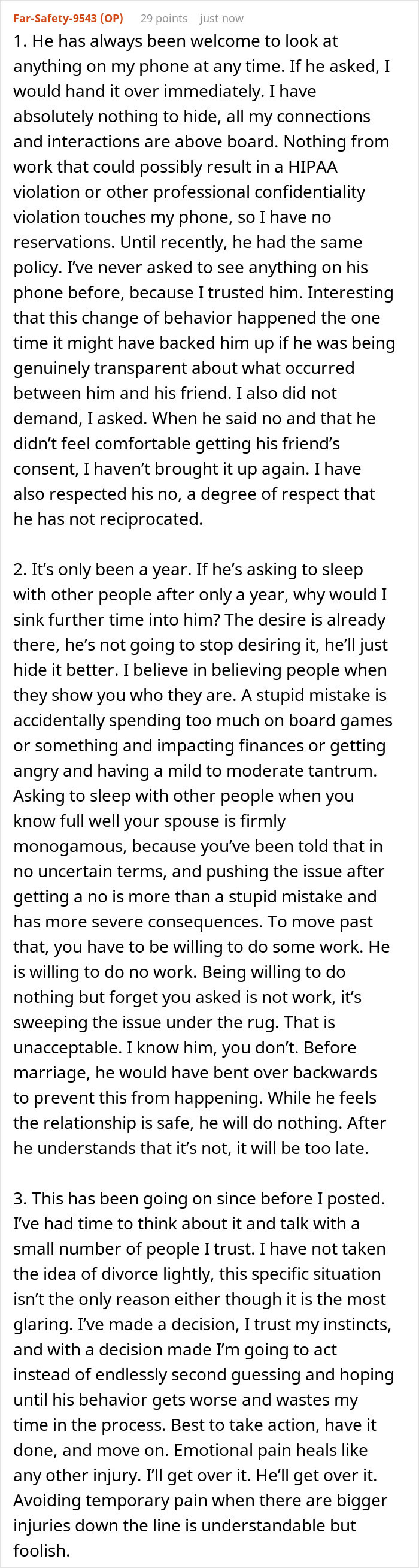 Text post from a woman expressing heartbreak after her husband suggests trying polyamory one year into marriage. - 55