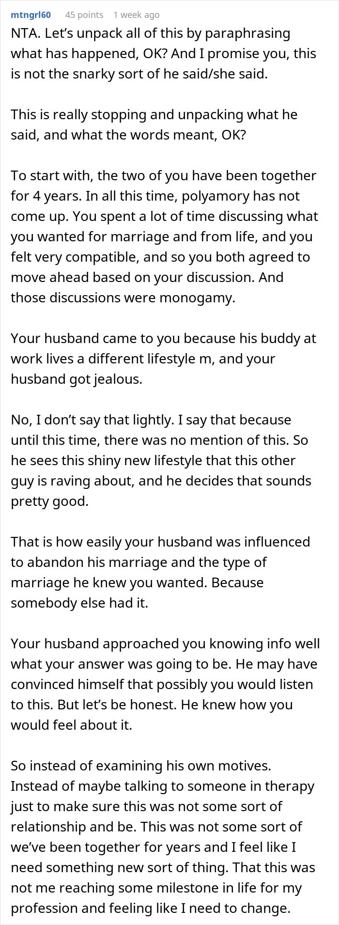 Text response on a social platform discussing a woman’s heartbreak over husband suggesting trying polyamory after marriage. - 36