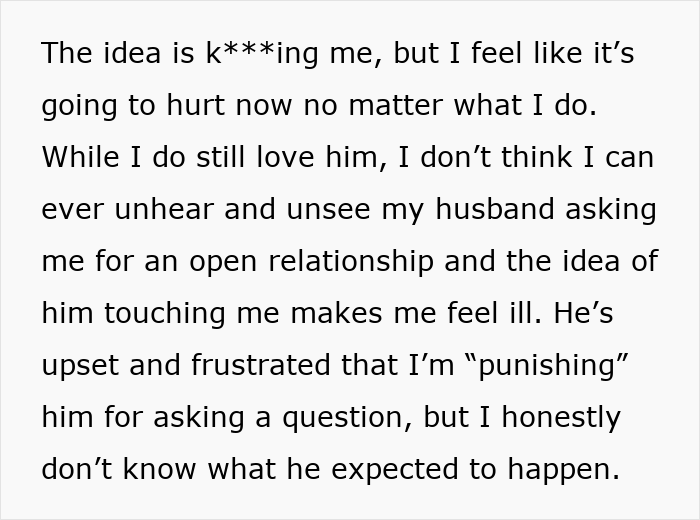 Text about a woman feeling heartbroken and hurt after her husband suggests trying out polyamory in their marriage. - 10