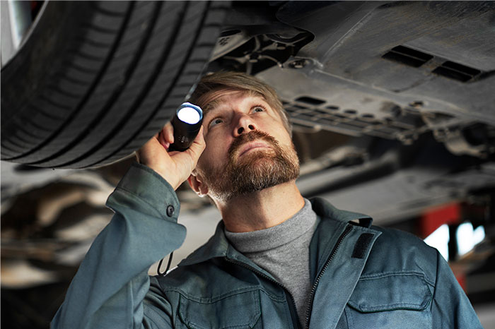 Man inspecting car tire with flashlight underneath vehicle, realizing he was doing something the wrong way. - 9