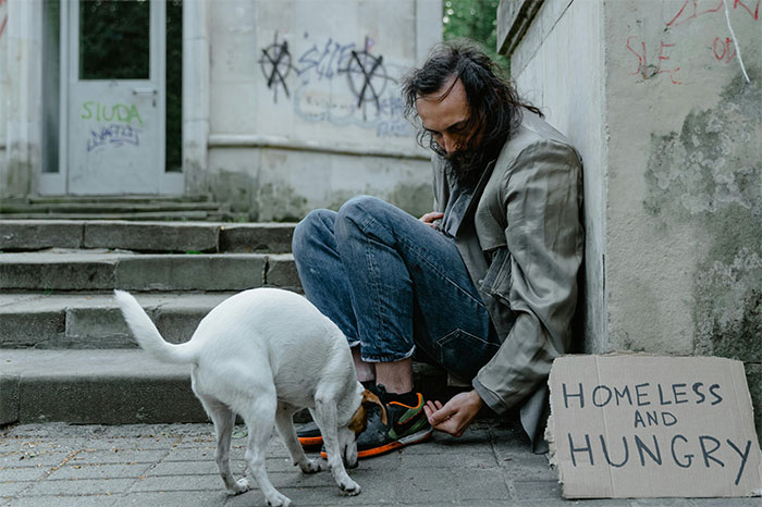 Homeless man sitting on city steps with a dog and a sign, illustrating moments people decided to stop helping others. - 49