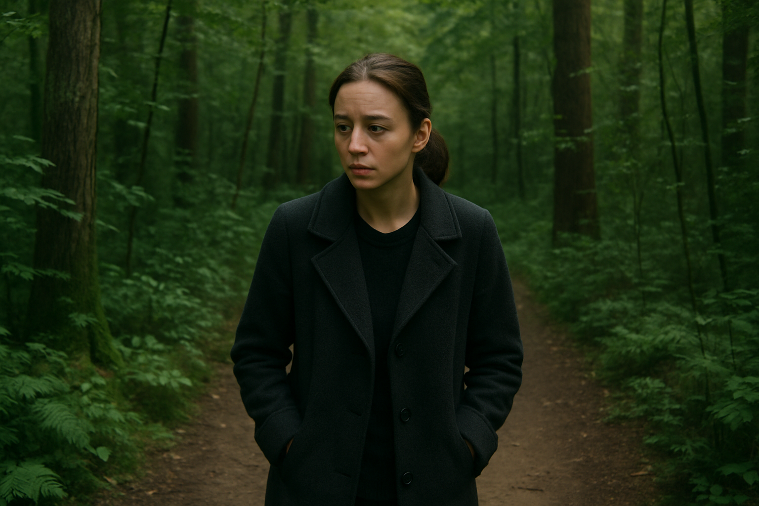 Woman walking alone in woods, looking worried and tense, surrounded by dense green trees on a forest path.