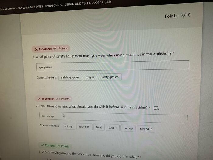 Online safety and workshop quiz showing students' answers and safety equipment requirements for schools.