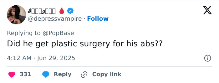 Screenshot of a social media reply questioning if plastic surgery was done for his abs in a shirtless photo discussion.