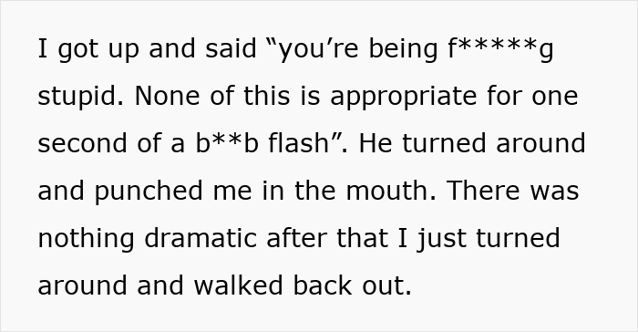 Text excerpt describing a conflict involving a drunk wife flashing husband's friends, leading to verbal attacks and physical violence. - 21